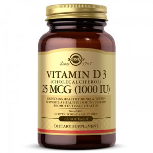 Vitamina D3 (colecalciferolo), Vitamina D3, Solgar, 25 mcg (1000 UI), 100 Capsule