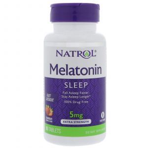 Мелатонин, Melatonin, Natrol, быстрорастворимый, вкус клубники, 90 таблето