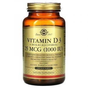 Vitamina D3 (colecalciferolo), Vitamina D3, Solgar, 25 mcg (1.000 UI), 250 Capsule