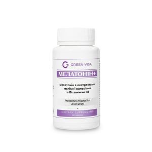 Мелатонин+, Фитофорте, Грин-Виза, с экстрактами мелиссы и валерианы и витамином В1, 60 капсул
