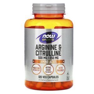 Аргинин и цитруллин, Arginine & Citrulline, Now Foods, Sports, 500 мг/250 мг, 120 вегетарианских капсул
