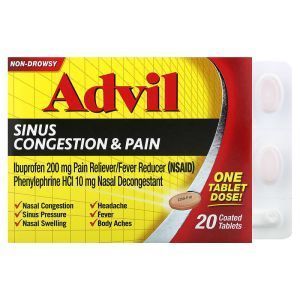Обезболивающее и жаропонижающее, Sinus Congestion & Pain, Advil, от заложенности носа и головной боли, без сонливости, 20 таблеток, покрытых оболочкой 

