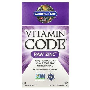 Zinco grezzo con vitamina C, codice vitaminico, zinco grezzo, Garden of Life, codice vitaminico, 60 capsule